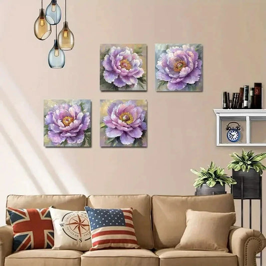 4pcs Vibrant Purple Peonies & Green Leaves Wall Art Canvas Framed
