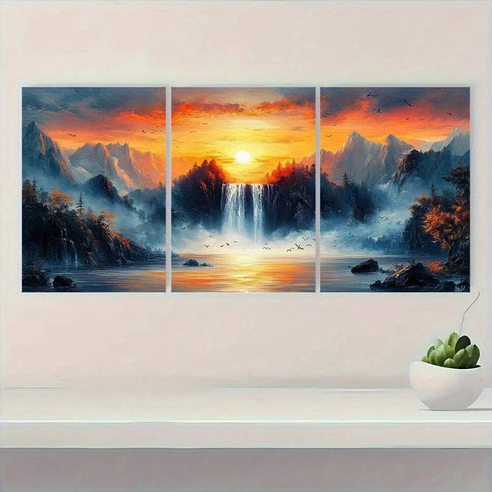 3pcs Waterfall Sunset Vibrant Nature Scenery Metal Print Ready to Hang Art