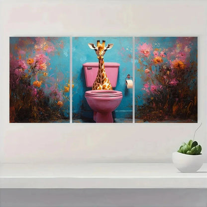 3pcs Funny Giraffe Whimsical Animal Painting Metal Print Ready to Hang Art