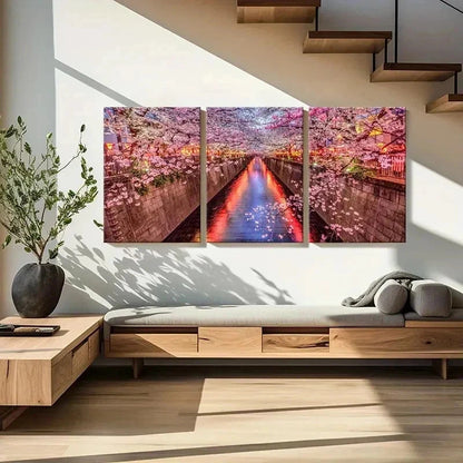 3pcs Cherry Blossom Street Landscape Painting Wall Art Set Canvas Framed 40x60cm - High Quality Print 100% Australian Made Wall Canvas Ready to Hang