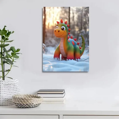 Colorful Cartoon Dinosaur On The Snow Painting 40x60cm Metal Print Ready to Hang