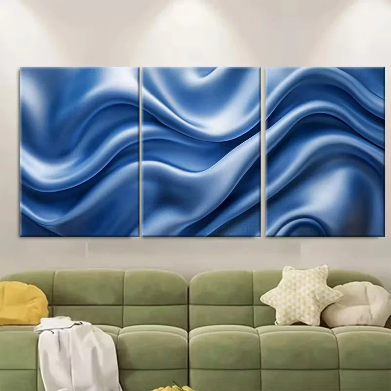3pcs Elegant Blue Satin Abstract Metal Print Ready to Hang Art