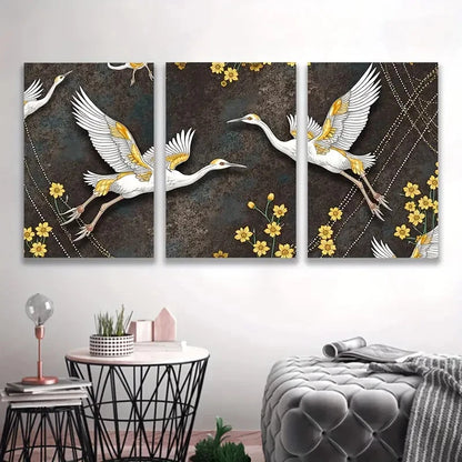 3pcs Elegant Cranes Flight with Golden Accents Wall Art Set Canvas Framed 60x90cm - High Quality Print 100% Australian Made Wall Canvas Ready to Hang
