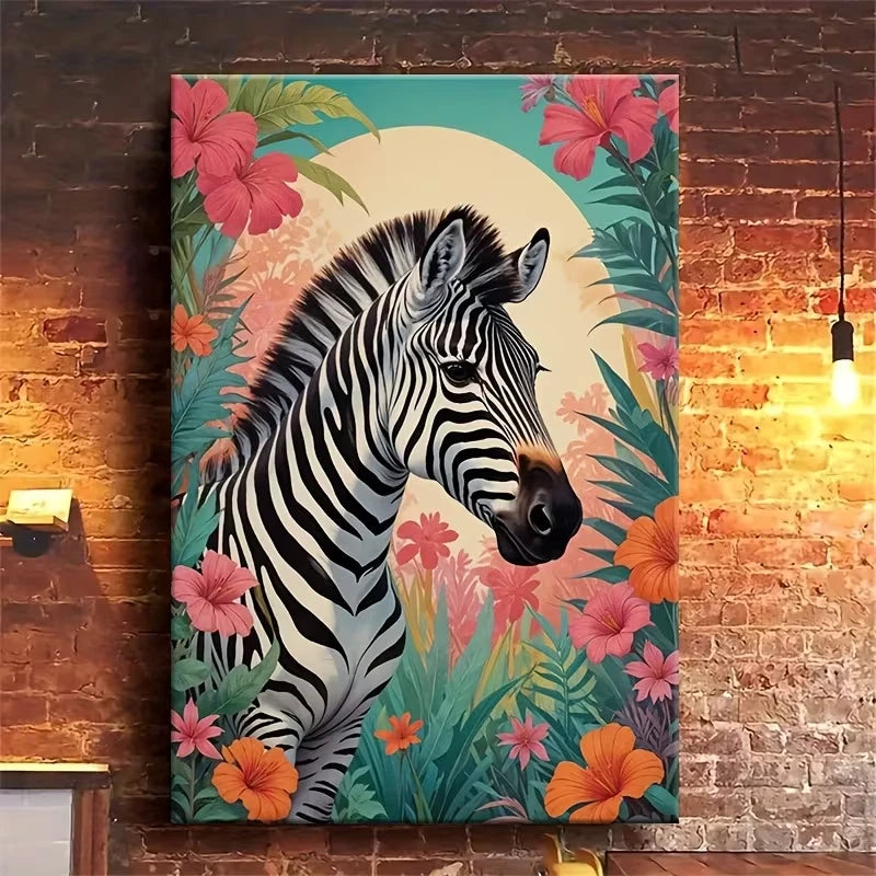 Vibrant Tropical Zebra Colorful Floral Background Metal Print Ready to Hang