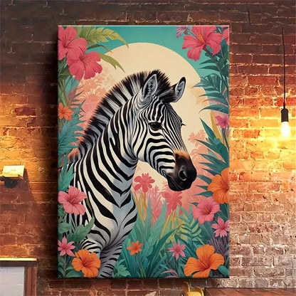 Vibrant Tropical Zebra Colorful Floral Background Metal Print Ready to Hang