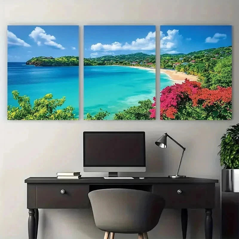 3pcs Tropical Beach Scene Grenada Perfect Wall Art Set Canvas Framed 60x90cm - High Quality Print 100% Australian Made Wall Canvas Ready to Hang
