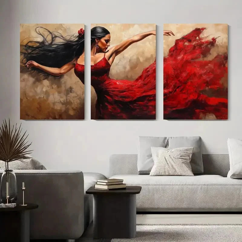 3pcs Red Dress Flamenco Dance Metal Print Ready to Hang Art