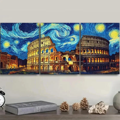 3pcs Starry Night Colosseum Waterproof Perfect Wall Art Set Canvas Framed 40x60cm - High Quality Print 100% Australian Made Wall Canvas Ready to Hang