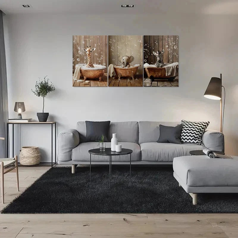 3pcs Adorable Animal Bath Time Metal Print Ready to Hang Art