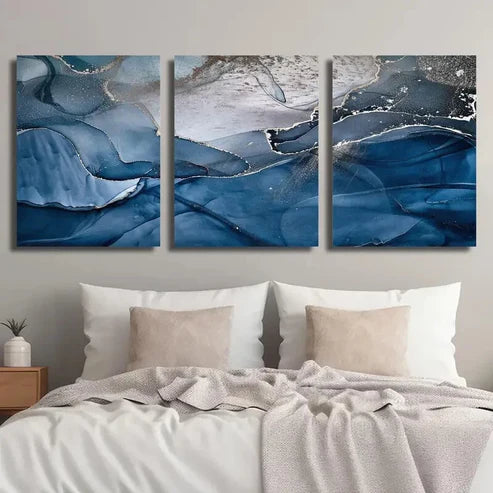 3pcs Abstract Blue and Golden Marble Texture Wall Art Set Canvas Unframed - High Quality Print 100% Australian Made Wall Canvas