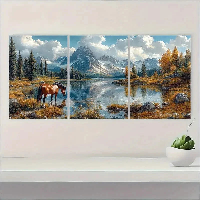 3pcs Peaceful Horse At Mountain Lake Metal Print Ready to Hang Art