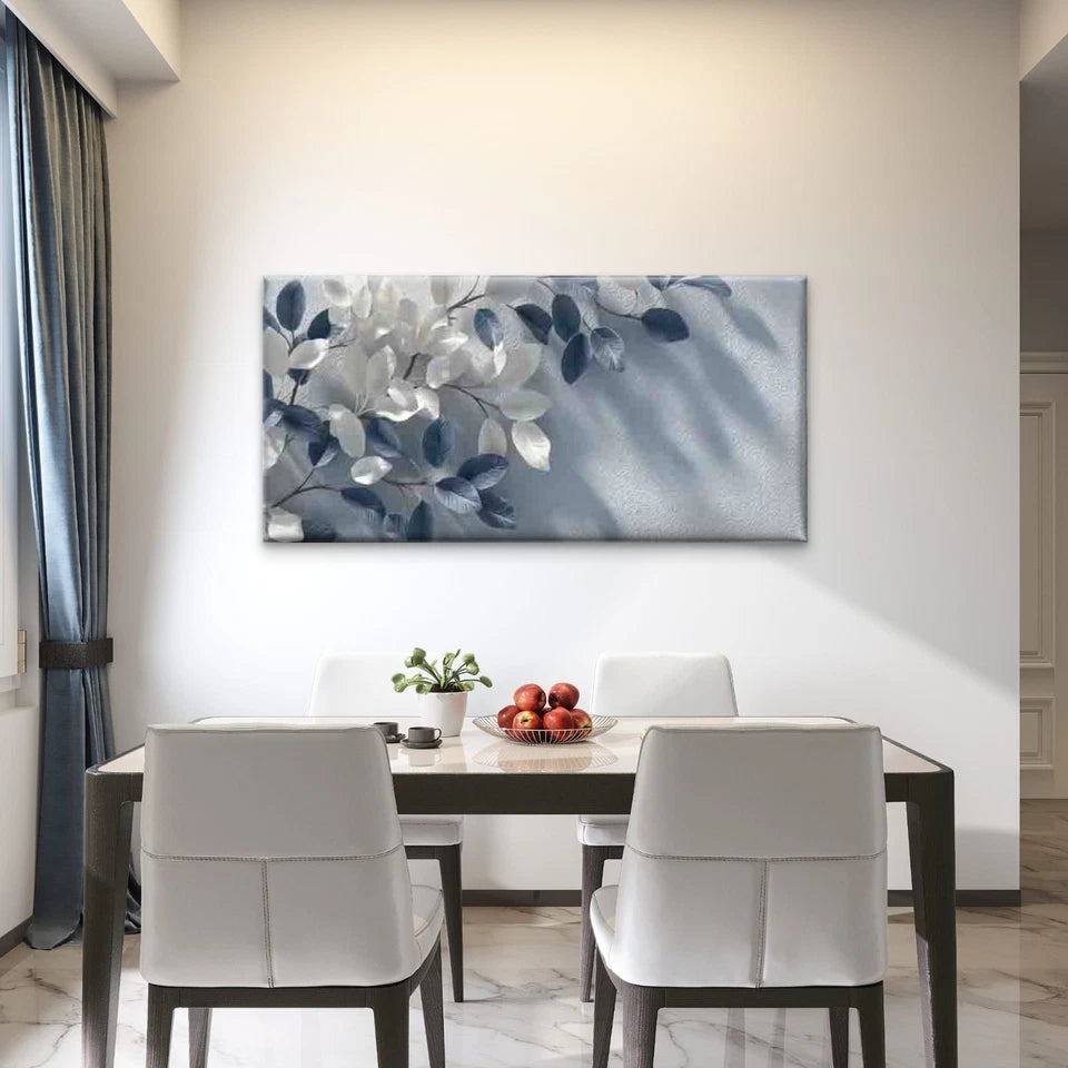 Blue White Leaves Wall Art Canvas Office Home Room Framed 120x60cm