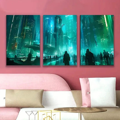 3pcs Neon Lit Cyberpunk Cityscape Wall Art Set Canvas Framed 50x70cm - High Quality Print 100% Australian Made Wall Canvas Ready to Hang