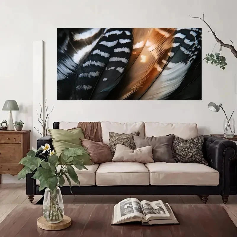 Feathers Black White Brown Wall Art Canvas Office Home Room Framed 120x60cm