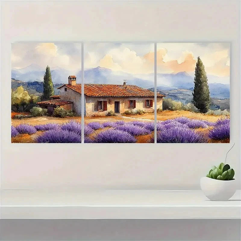3pcs Italian Cottage Lavender Landscape Perfect Wall Art Set Canvas Framed 40x60cm - High Quality Print 100% Australian Made Wall Canvas Ready to Hang