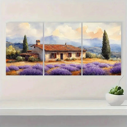 3pcs Italian Cottage Lavender Landscape Perfect Wall Art Set Canvas Framed 40x60cm - High Quality Print 100% Australian Made Wall Canvas Ready to Hang