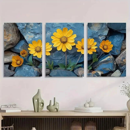 3pcs Yellow Brittlebush Flower Perfect Wall Art Set Canvas Framed 40x60cm - High Quality Print 100% Australian Made Wall Canvas Ready to Hang