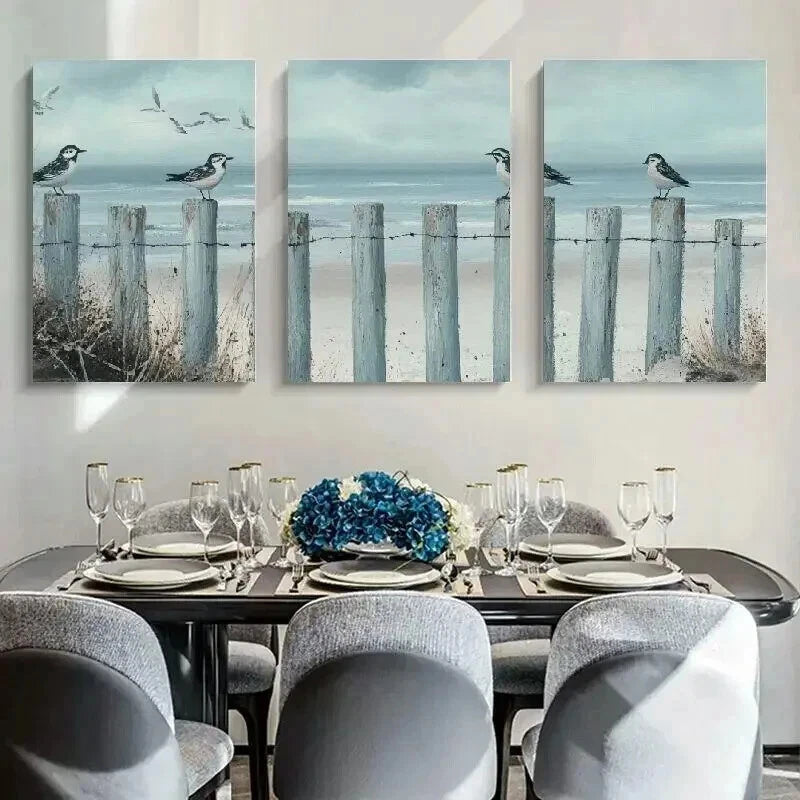 3pcs Beach Landscape Birds with on Fence Wall Art Set Canvas Framed 40x60cm - High Quality Print 100% Australian Made Wall Canvas Ready to Hang