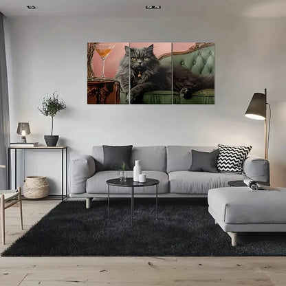 3pcs Vintage Cat Cocktail Glass and Green Sofa Metal Print Ready to Hang Art