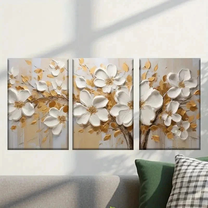 3pcs White Flowers with Golden Accents Wall Art Set Canvas Framed 40x60cm - High Quality Print 100% Australian Made Wall Canvas Ready to Hang