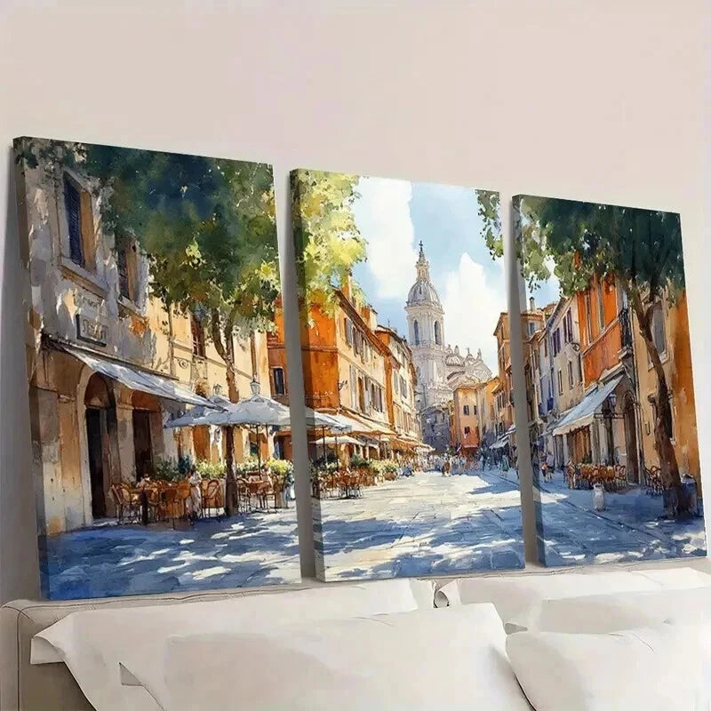 3pcs Italian Street Cafes & Historic Buildings Wall Art Set Canvas Framed 50x70cm - High Quality Print 100% Australian Made Wall Canvas Ready to Hang