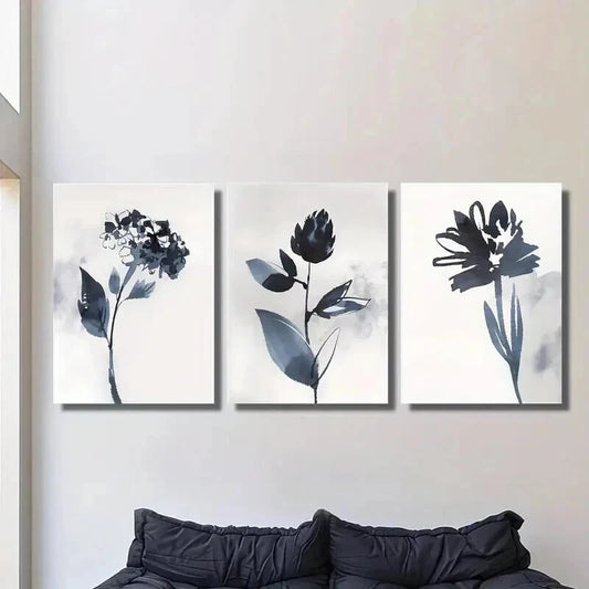 3pcs Classic Modern Blue Floral Painting Wall Art Set Canvas Framed 40x60cm - High Quality Print 100% Australian Made Wall Canvas Ready to Hang