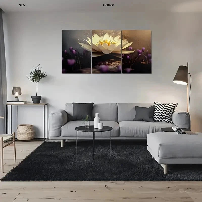 3pcs White Lotus Flower Painting Metal Print Ready to Hang Art