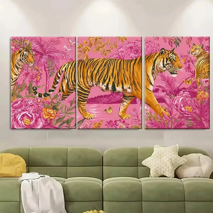 3pcs Pink Orange Retro Tiger Wall Art Set Canvas Framed 60x90cm - High Quality Print 100% Australian Made Wall Canvas Ready to Hang