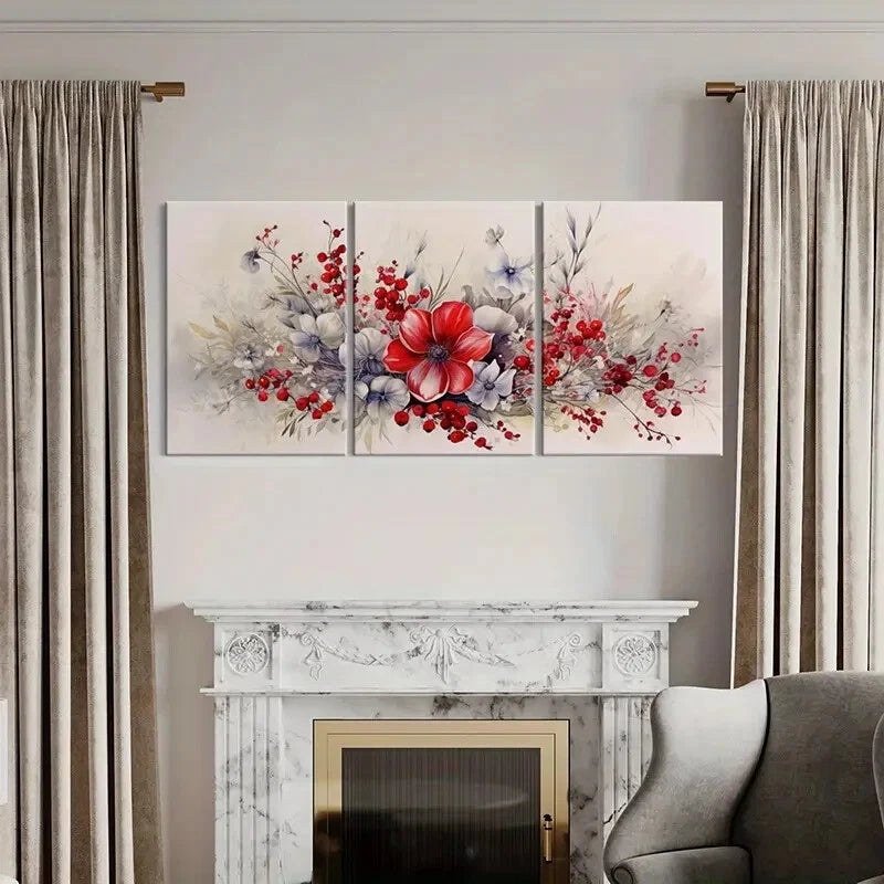 3pcs Red Flower Bouquet Abstract Floral Vibrant Metal Print Ready to Hang Art