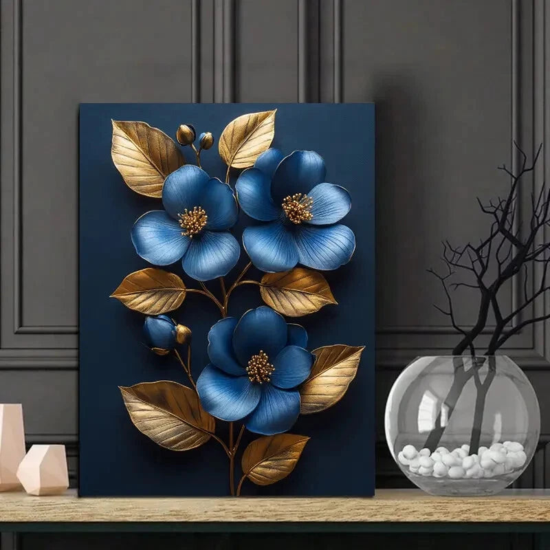 Elegant Blue and Golden Floral Golden 40x60cm Metal Print Ready to Hang