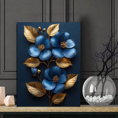 Elegant Blue and Golden Floral Golden 40x60cm Metal Print Ready to Hang