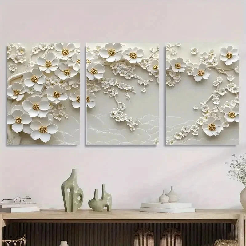 3pcs White Flower Blossom Floral Relief Metal Print Ready to Hang Art