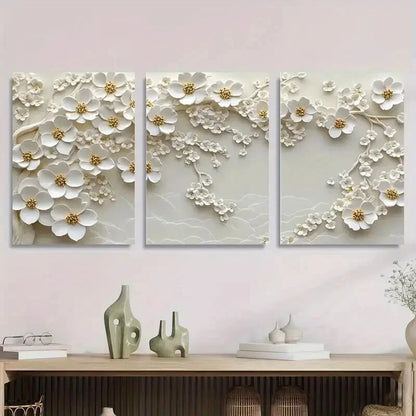 3pcs White Flower Blossom Floral Relief Metal Print Ready to Hang Art