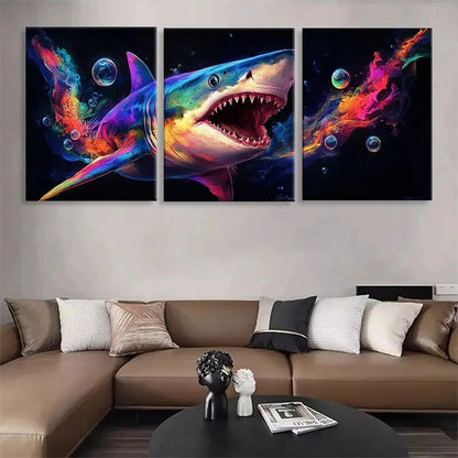 3pcs Colorful Shark Rainbow Splash Perfect Wall Art Set Canvas Framed 40x60cm - High Quality Print 100% Australian Made Wall Canvas Ready to Hang