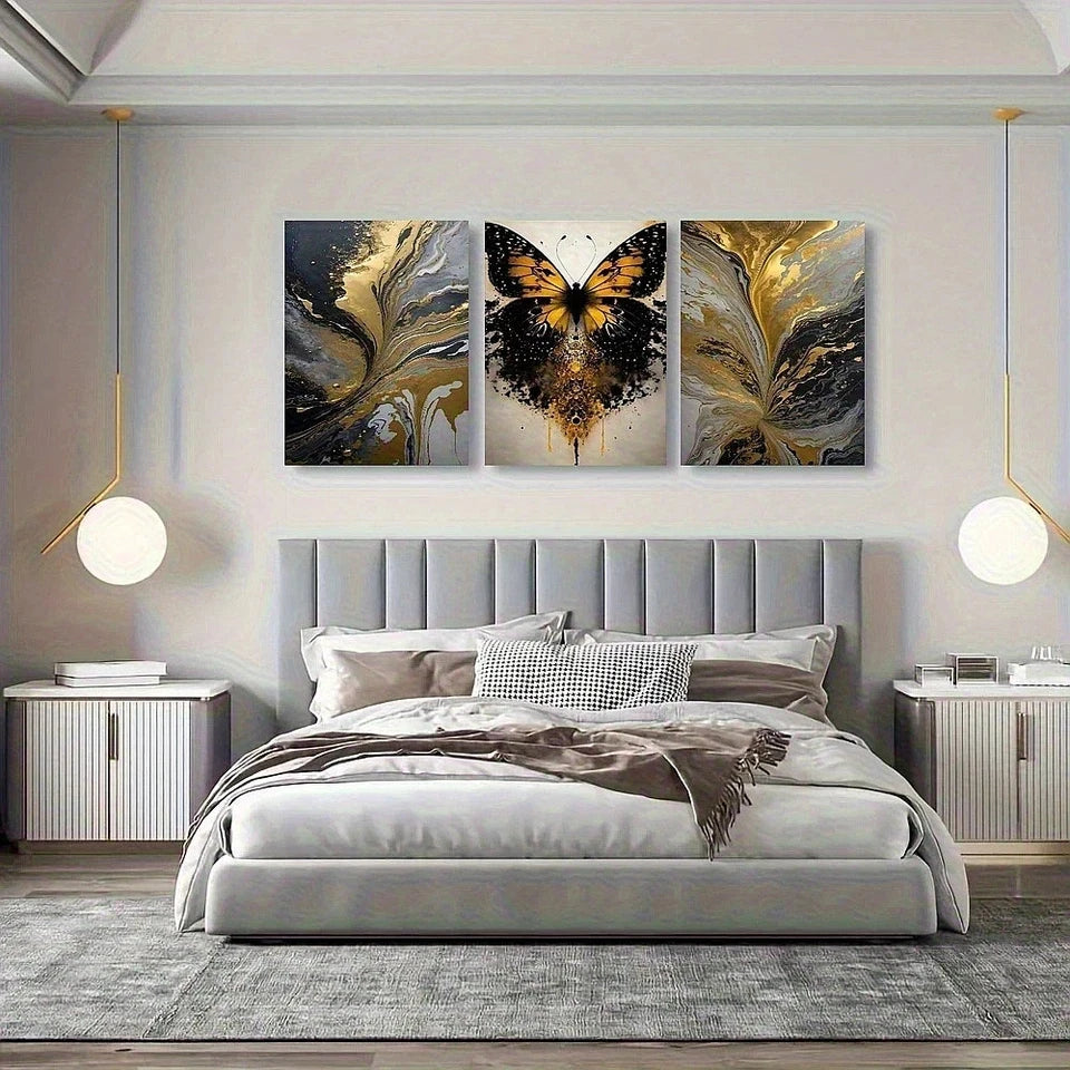 Modern bedroom with a bed and abstract butterfly artwork on the wall.