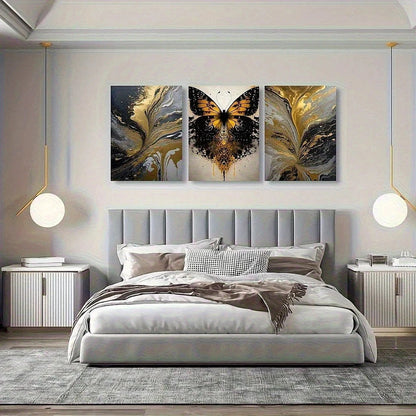 Modern bedroom with a bed and abstract butterfly artwork on the wall.