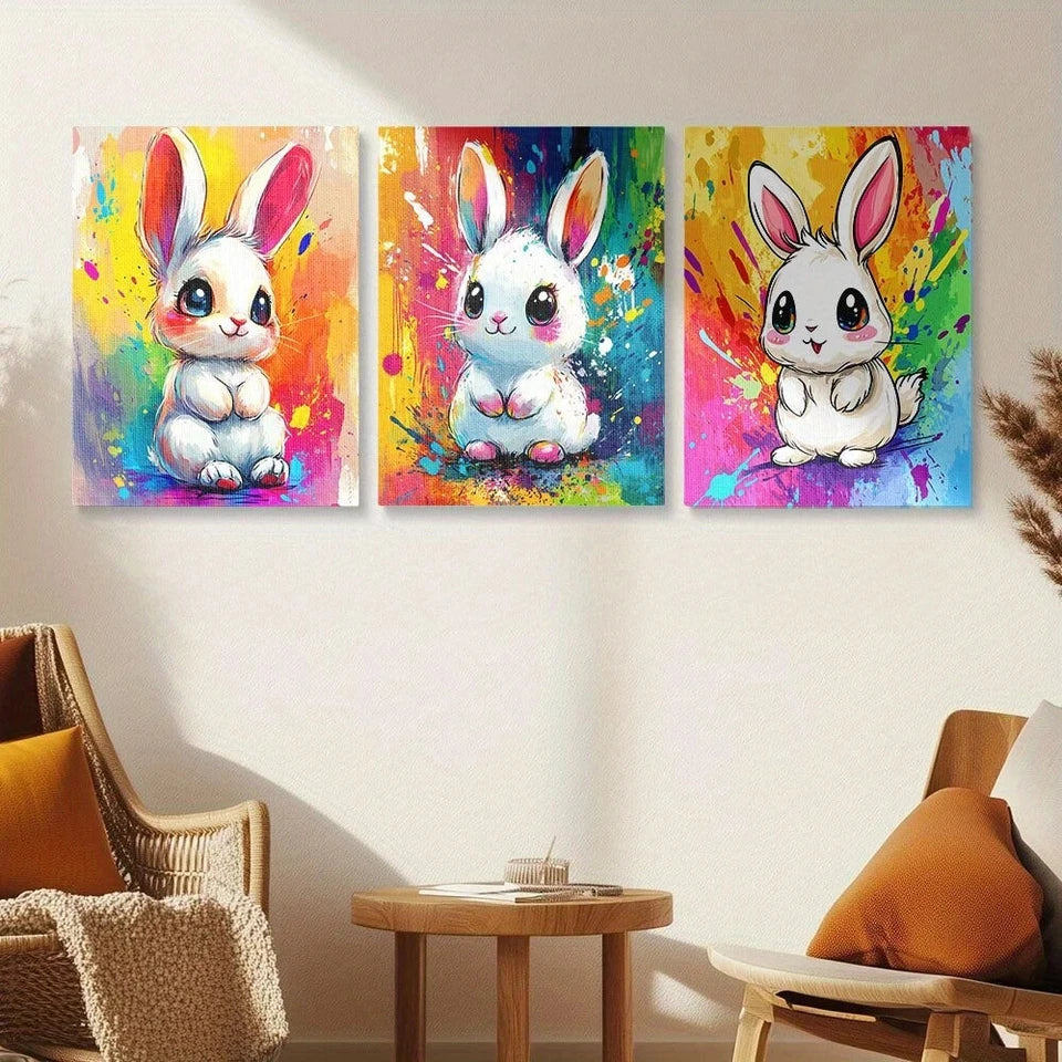 3pcs Cute White Bunny with Vibrant Colorful Metal Print Ready to Hang Art