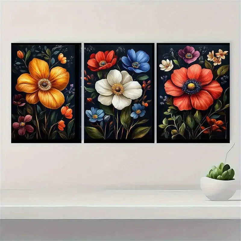 3pcs Art Set Dark Wildflower Floral  IO  Wall Art Set Canvas Framed 60x90cm - High Quality Print 100% Australian Made Wall Canvas Ready to Hang