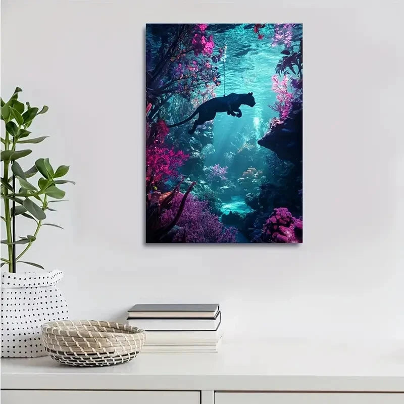 Vibrant Neon Glow of a Panther Swinging Painting 40x60cm Metal Print Ready to Hang