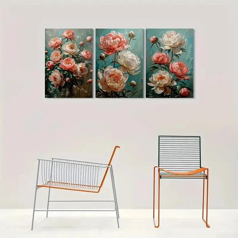 3pcs Elegant Vintage Peony Flower Metal Print Ready to Hang Art