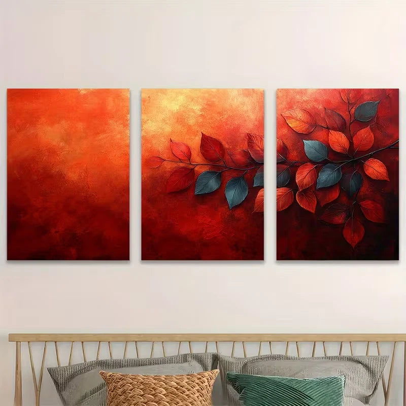 3pcs Fall Leaves, Autumn, Red Orange Metal Print Ready to Hang Art