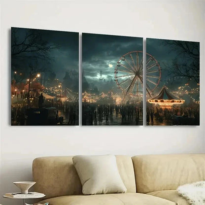 3pcs Spooky Haunted Carnival Wall Art Set Canvas Framed 60x90cm - High Quality Print 100% Australian Made Wall Canvas Ready to Hang