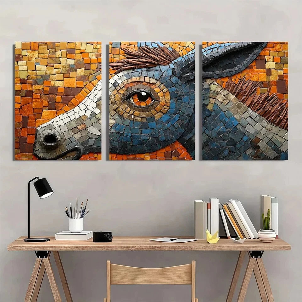 3pcs Donkey Theme Mosaic Golden Eyes Metal Print Ready to Hang Art