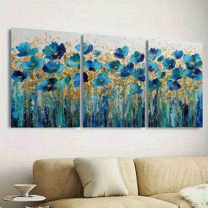 3pcs Color Floral Blue And Golden Tones Artwork Wall Art Set Canvas Framed 40x60cm - High Quality Print 100% Australian Made Wall Canvas Ready to Hang