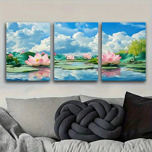 3pcs Lotus Pond Summer Scenery Wall Art Set Canvas Unframed - High Quality Print 100% Australian Made Wall Canvas - Bella Home Decor