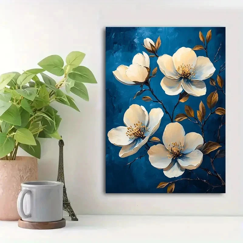 Beautiful Blue Floral Tapestry With White Flowers 40x60cm Metal Print Ready to Hang