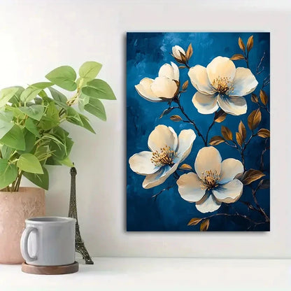 Beautiful Blue Floral Tapestry With White Flowers 40x60cm Metal Print Ready to Hang