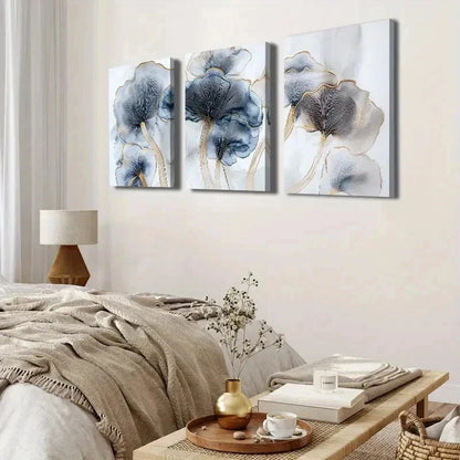 3pcs Three Piece Blue And Golden Wall Art Set Canvas Framed 50x70cm - High Quality Print 100% Australian Made Wall Canvas Ready to Hang