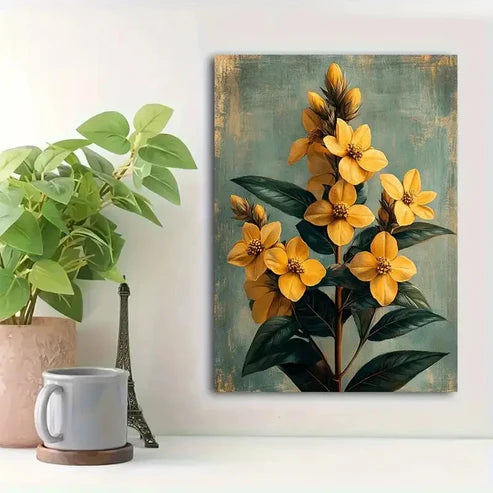 Beautiful Yellow Flowers On Teal Background Painting 60x90cm Metal Print Ready to Hang
