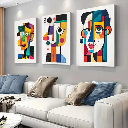 3pcs Vibrant Cubist-Style Face Triptych Wall Art Set Canvas Framed 60x90cm - High Quality Print 100% Australian Made Wall Canvas Ready to Hang
